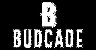 Budcade logo with stylized B icon and white text on black background